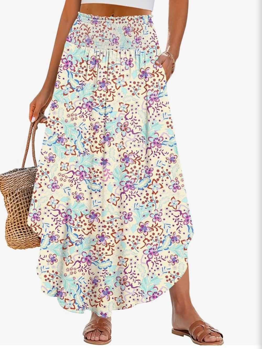 Smocked Waist Floral Maxi Skirt in Cream with Pastel Accents